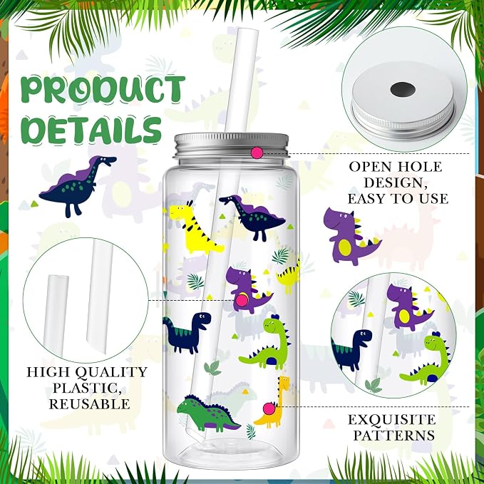 Skylety 30 Pcs Cartoon Dinosaur Plastic Cups with Lids and Straws 13.5 oz Summer Dinosaur Reusable Plastic Tumbler Hawaii Tropical Party Decor for Summer Holiday Women Birthday Party Supplies