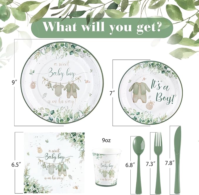Sage Green Baby Shower Decorations Boy,A Sweet Baby Boy is on His Way Woodland Theme Party Supplies It's a Boe Tableware Set Serves 24 Guests includes Disposable Plates Cups Napkins and Cutlery