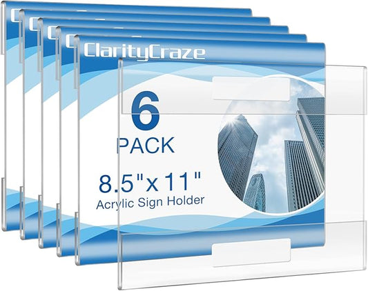 6 Pack Acrylic Wall Sign Holder, 11"x8.5" Horizontal Wall Mount Clear Plastic Sign Holders with Tape,Memo Document Menu Sign Holder for Office, Home, Store, Restaurant,Business,Mall