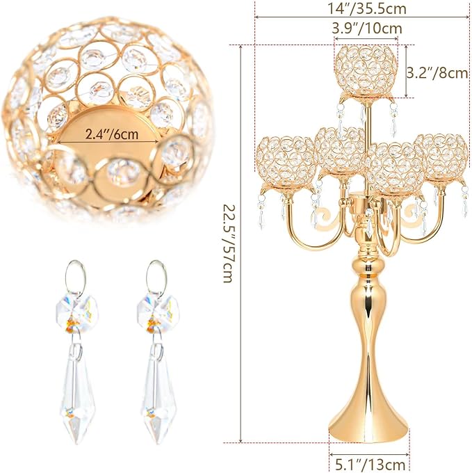 Set of 4 Candlesticks 5 Arm Crystal Strap Pendant Gold Table Decor Candelabra, 22.5 inches Elegant Dining Room Centerpieces for Holiday Parties Weddings (4, Gold)