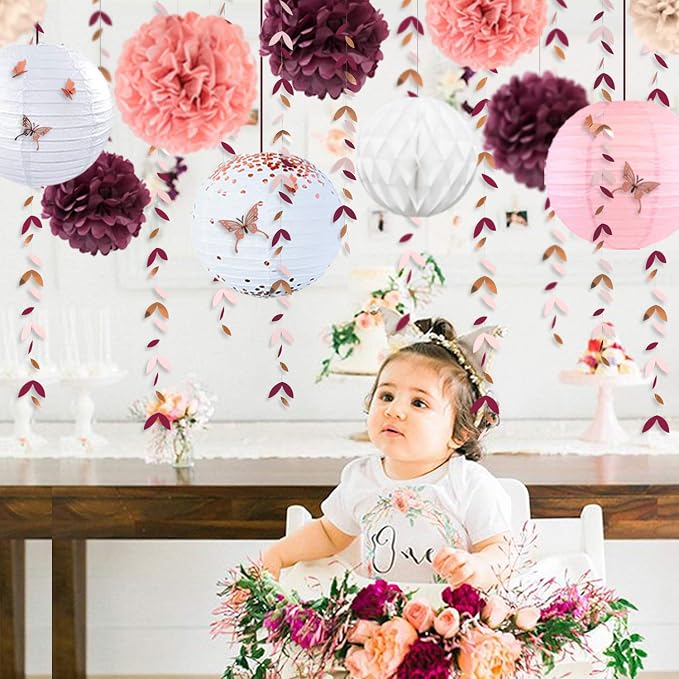 Burgundy Rose Gold Pink Party Decorations Lanterns Flowers Pom Pom with 3D Butterfly Stickers and Leaf Garland Streamers for Birthday Engagement Wedding Bridal Shower Bachelorette Fall Autumn Party