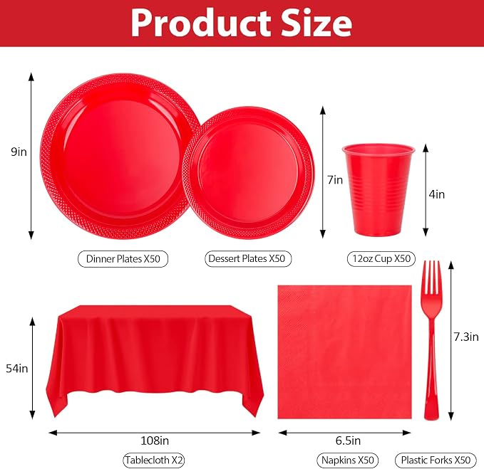 Red Plastic Plates Tableware Set - 50 Guest - 7&9inch Plates,Napkins,Forks,Cups & Tablecloths,Disposable Party Supplies for Birthday,BBQ,Christmas
