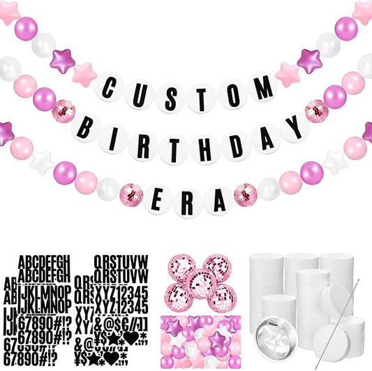 Simgoing Giant Friendship Bracelet Garland Kit DIY Banner with Letter Ball Jumbo in My Birthday Era Decorations for Classroom Graduation Party Supplies Photo Booth Backdrop(White, Pink)