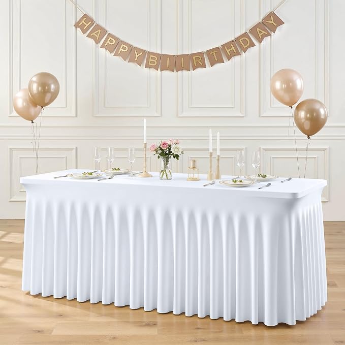 2 Pack 8ft White Spandex Tablecloths for Rectangle Tables Wrinkle Free White Rectangle Table Cloth Stretch Fitted 8 foot Table Cover with Skirt for Wedding Birthday Party Banquet Baby Shower Buffet