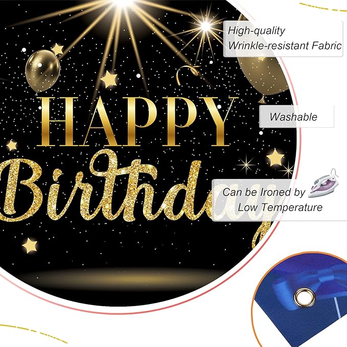 Black & Gold Happy Birthday Decoration Backdrop 7x5ft Large Gold Glitter Balloons Sign Party Background for Adult Kids Photo Booth Decor Large Wall Decor Props Party Supplies for Women