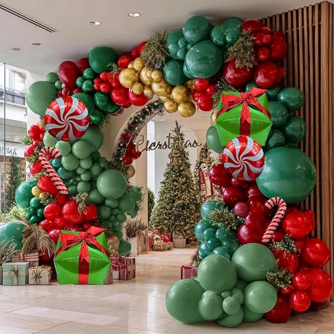 Green and Red Christmas Balloons Double Stuffed Pearl Dark Red Green Gold Balloon Garland Arch Kit Candy Cane Box Balloons for Happy Christmas Holiday New Year Birthday Party Decorations