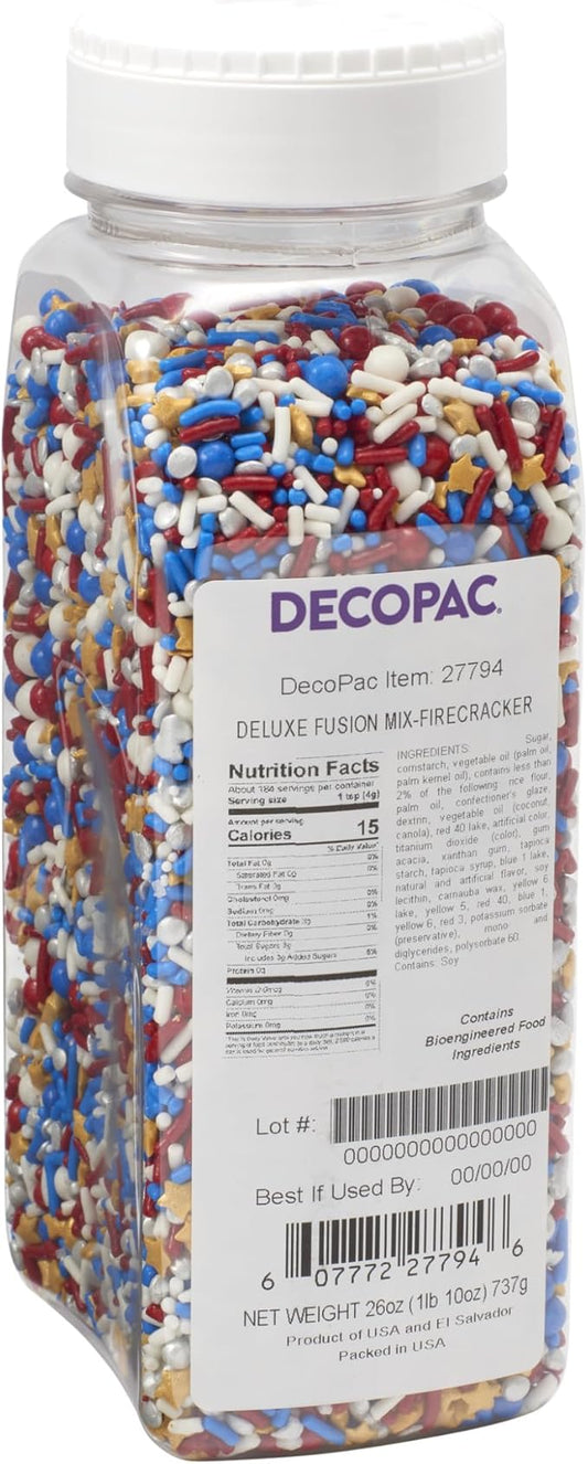 DECOPAC Firecracker Deluxe Fusion Mix, 26oz, Fancy Patriotic Candy Sprinkles in Handheld Container, Edible Sprinkles For Celebration Cakes, Cupcakes, Cookies and Donuts, Red, White, and Blue