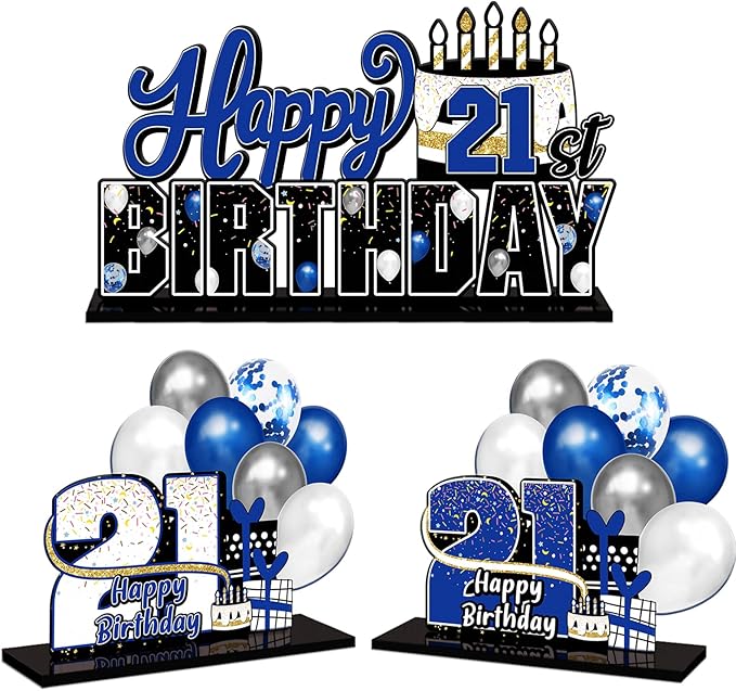 LINGTEER Happy 21st Birthday Blue Acrylic Table Topper Centerpieces Set - Cheers to 21 Years Old Birthday 21st Bday Party Gift Decorations.
