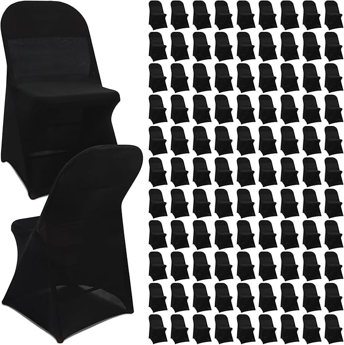 Newwiee 100 Pcs Spandex Chair Covers Bulk - Stretch Folding Flat Front Fitted Universal Chair Protector Pack Removable Washable for Wedding Party Dining Banquet Event (Black)
