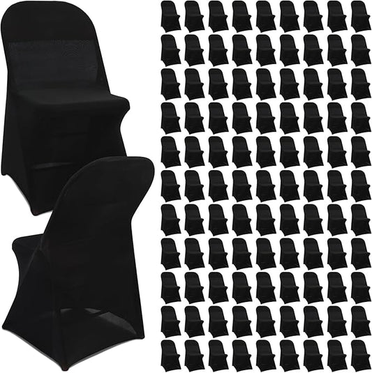 Newwiee 100 Pcs Spandex Chair Covers Bulk - Stretch Folding Flat Front Fitted Universal Chair Protector Pack Removable Washable for Wedding Party Dining Banquet Event (Black)