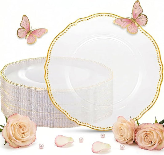 Hioasis 60pcs Clear Plastic Plates - Clear and Gold Disposable Dinnerware with Gold Rim, Heavy-duty, 10.25 inch, Dinner Plates for Party & Wedding & Mothers Day