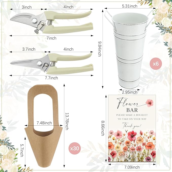 LEIFIDE Flower Bar Buckets Set Kit Bloom Bar Supplies Include Wood Sign Gift Bags Iron Bucket Garden Flower Shears for Wedding Bridal Shower Graduation Birthday Table Centerpieces(39 Pcs,White)
