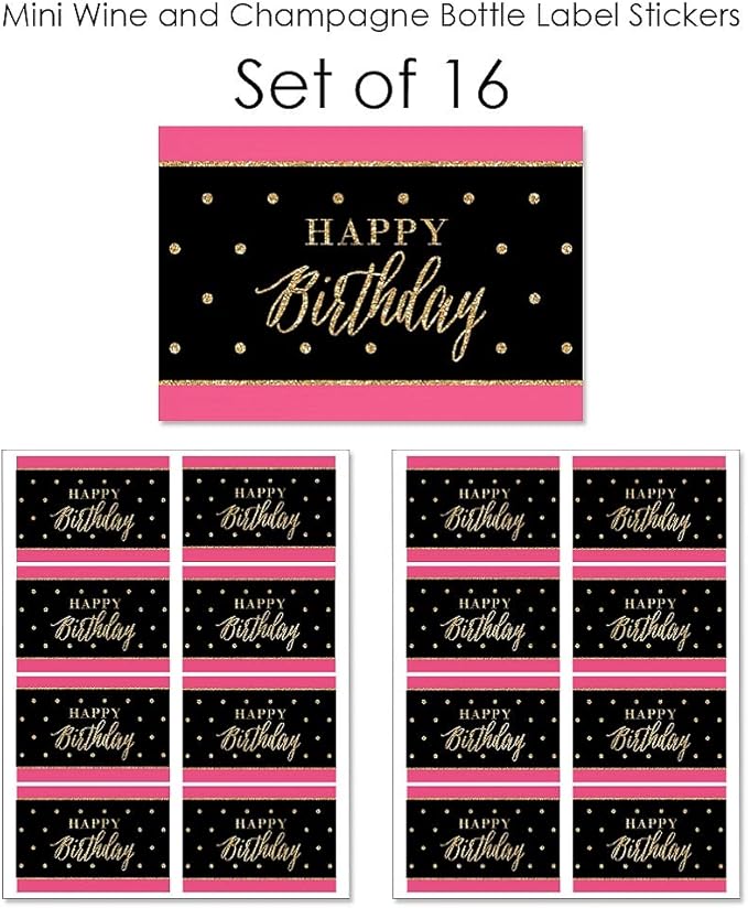 Big Dot of Happiness Chic Happy Birthday - Pink, Black and Gold - Mini Wine and Champagne Bottle Label Stickers - Birthday Party Favor Gift for Women and Men - Set of 16