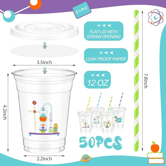 FoldTier 50 Pcs Science Cups 12 oz Disposable Plastic Cups with Straws and Lids Science Clear mug Birthday mugs Supplies Birthday Table Decorations Party Favor
