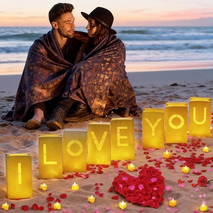 I Love You Decorations – Surprise Set with Light Up Letters, 30 Tea Light Candles, 2000 Rose Petals, 10 Balloons – Luminary Bags for Couples & Romantic Moments