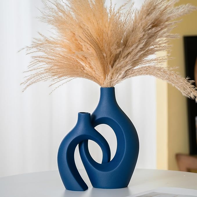Lvases Snuggle Hollow Ceramic Vase Set of 2, 11 Inch Navy Blue | Nordic Boho Decor Home Flower Vases, Perfect for Living Room Coffee Table, Bookshelf Mantle & Entryway Pampas Grass Display