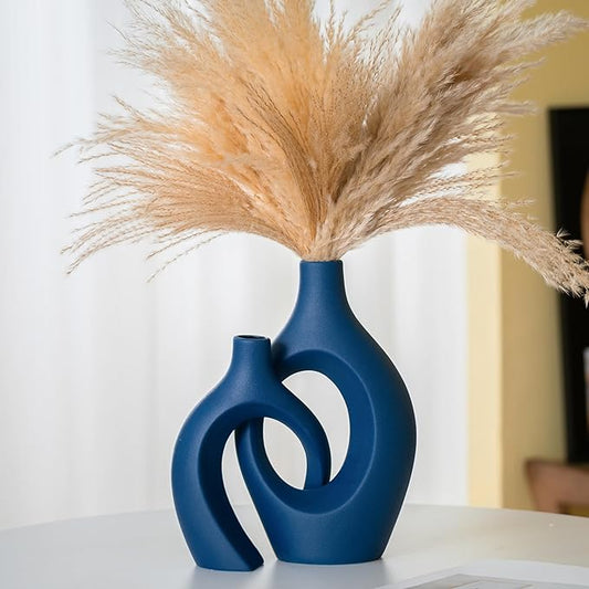 Lvases Snuggle Hollow Ceramic Vase Set of 2, 11 Inch Navy Blue | Nordic Boho Decor Home Flower Vases, Perfect for Living Room Coffee Table, Bookshelf Mantle & Entryway Pampas Grass Display