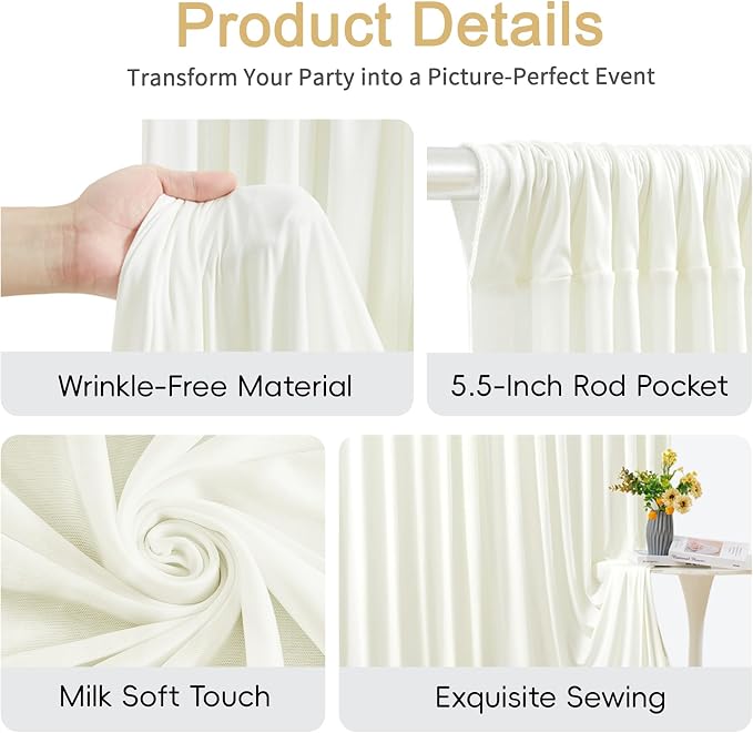 50x10ft Ivory Photo Backdrop Curtains for Parties Wedding Wrinkle Free Polyester Photoshoot Curtains Drapes Backdrop for Birthday Baby Shower Graduation Stage Photography Background 10 Panels 5x10FT