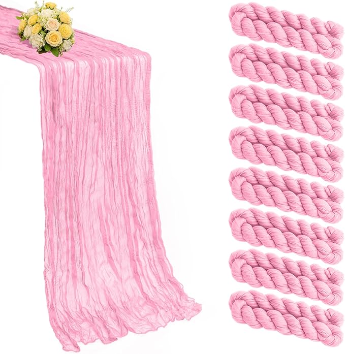 8 Pack Pink Cheesecloth Table Runner 21x120 Inch Gauze Table Runners Reusable Polyester 10ft Boho Rustic Cheese Cloth Table Runner for Wedding Party Baby Shower