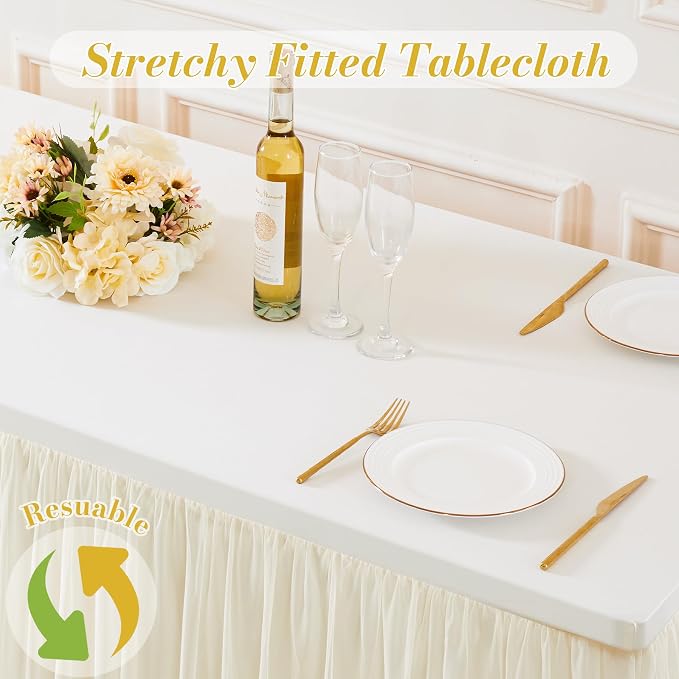 2 Pack Champagne Table Cloth for 8 Foot Rectangle Tables, Stretch Fitted Tulle Table Covers Skirt, Rectangular Ruffle Tutu Tablecloth Wedding Banquet Baby Shower Cake Tablecloths Decorations