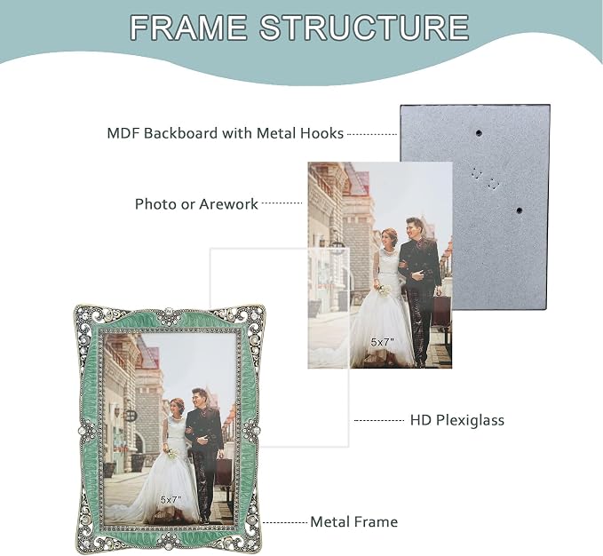 8x10 Vintage Picture Frame with Green Metal Brass Pearl for Wedding Decoration Photo Frame, Clear Glass Front Cover Ornate Antique Art Tabletop Display Unique Gifts, Horizontally & Vertically