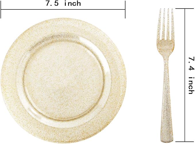I00000 72 Pieces Plastic Dessert Plates 7.5" & 72 Pieces Gold Disposable Forks 7.4" with Gold Glitter, Gold Disposable Plates, Plastic Salad Plates for Birthday, Wedding & Party