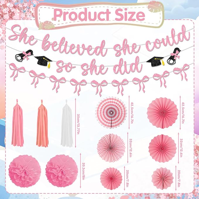 Pink Graduation Decorations 2026 - 14PCS Pink Bow Graduation Banners Pompoms Tassels Paper fans Party Decor, Bowknot Graduation Supplies for Primary Middle High School University College