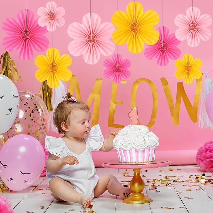 DODOKIM Paper Fans Party Decorations Paper Flowers Decorations for Wall Floral Backdrop Classroom Baby Shower Birthday Party Flower Wall Decor Pack of 9 Pink Yellow