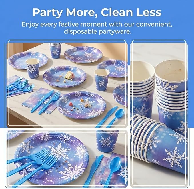 400 Pcs Disposable Winter Frozen Tableware Set for 50 Guests | Heavy-Duty 7" & 9" Paper Plates, Cups, 13" Napkins & Plastic Cutlery Snowflake Party Supplies for Large Winter Gatherings