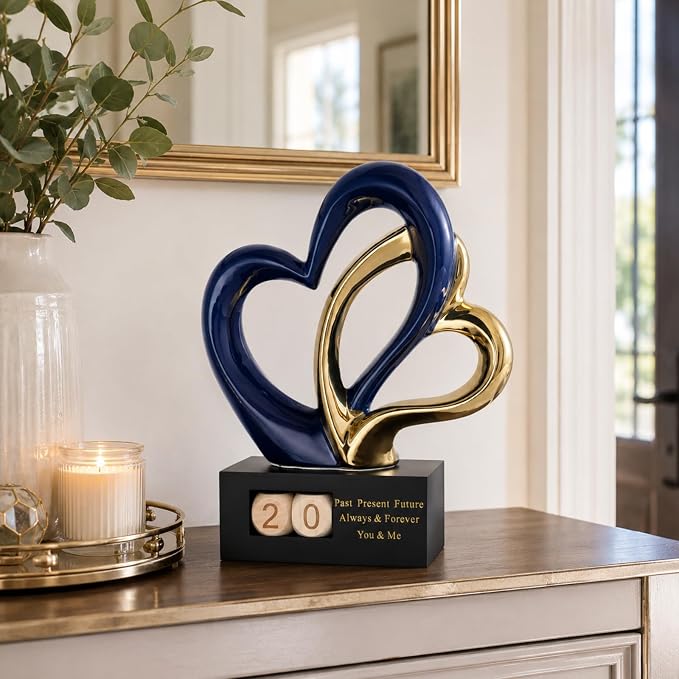 Ceramic Heart Sculpture with Date Blocks, Blue Gold Hearts Statue for Home Decor, Romantic Valentines Day & Wedding for Couple, Shelf Mantel Tabletop Display (Blue Gold)