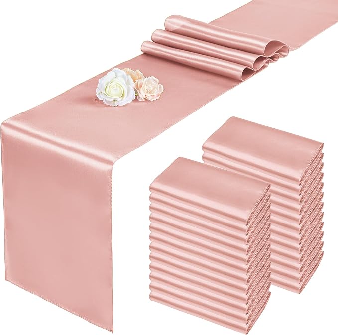 Pesonlook 24 Pack Rose Gold Satin Table Runners for Wedding 12 x 108 Inch Long Table Runners for Rectangle Round Tables, Smooth Table Runner Birthday Party Banquets Decoration