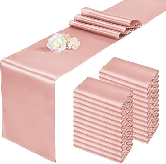 Pesonlook 24 Pack Rose Gold Satin Table Runners for Wedding 12 x 108 Inch Long Table Runners for Rectangle Round Tables, Smooth Table Runner Birthday Party Banquets Decoration