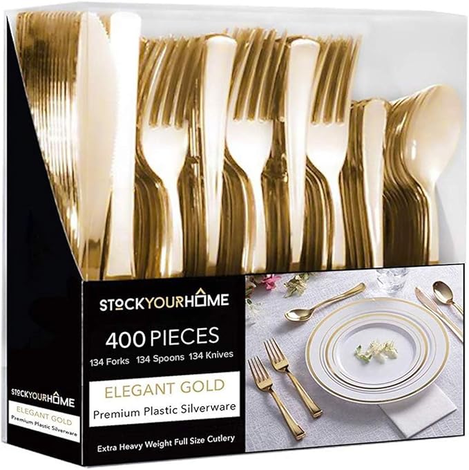 Gold Plastic Silverware Set (400-Pack) – Disposable Heavy Duty Cutlery, 134 Forks, 134 Knives, 134 Spoons for Parties, Weddings, Dinners & Holidays, Stock Your Home