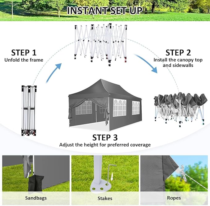 COBIZI Canopy 10x20 Pop Up Canopy Party Tent with 6 Sidewalls, Waterproof Commercial Canopy Ez Outdoor Instant Gazebo UV Protection 50+ Event Shelter, Garden Tents for Parties with Sandbags, Grey