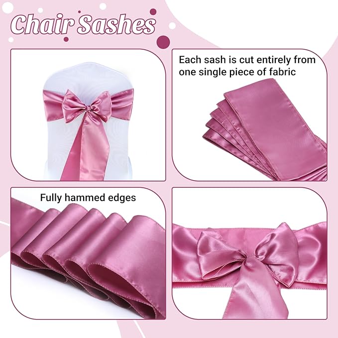 MDS Satin Chair Sashes, 200 Pack, 7”x108” Each, Decorative Chair Bows Ribbon Tie Backs for Wedding Party, Holiday Dinner, Birthday, Reception, Banquet, Hotel & Event Decoration - Dusty Pink
