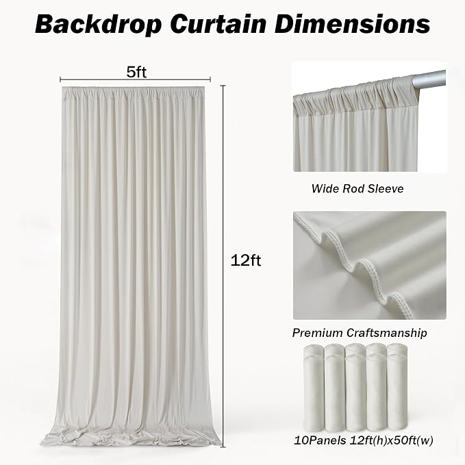 50ft×12ft Beige Backdrop Curtain for Wedding Parties, 10 Panels Wrinkle Free Polyester Photo Backdrop Drapes Back Drop Cloth for Birthday Photography Background