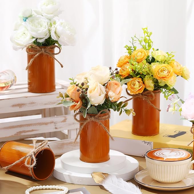 Rustic Vase for Table Centerpieces 4.33 Inch Small Petite Flower Vase with Twine Bow Vintage Farmhouse Decor for Wedding Reception Dining, Home Galvanized Metal Buckets(Dark Amber,12 Pcs)