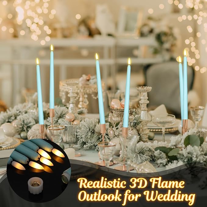 Macarrie 24 Packs Flameless Taper Candles Battery Operated Fake 11 Inch Long Candlelight LED Flameless Candlesticks Flickering Tapered for Summer Fall Wedding(Teal)
