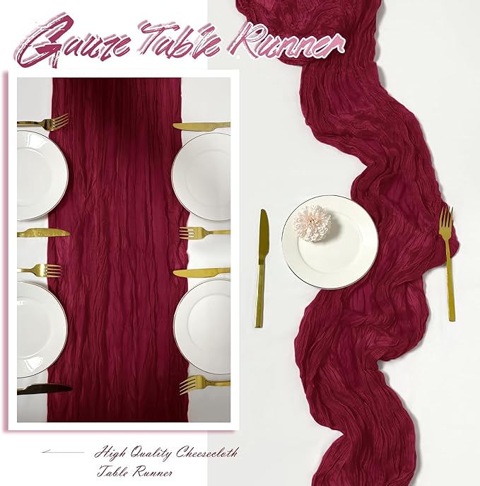 30 Pack Burgundy Cheesecloth Table Runner 17 x 108 inch Cheese Cloth Table Runners 9ft Burgundy Table Runner Rustic Romantic Sheer Gauze Runner for Wedding Party Baby Shower Table Decoration