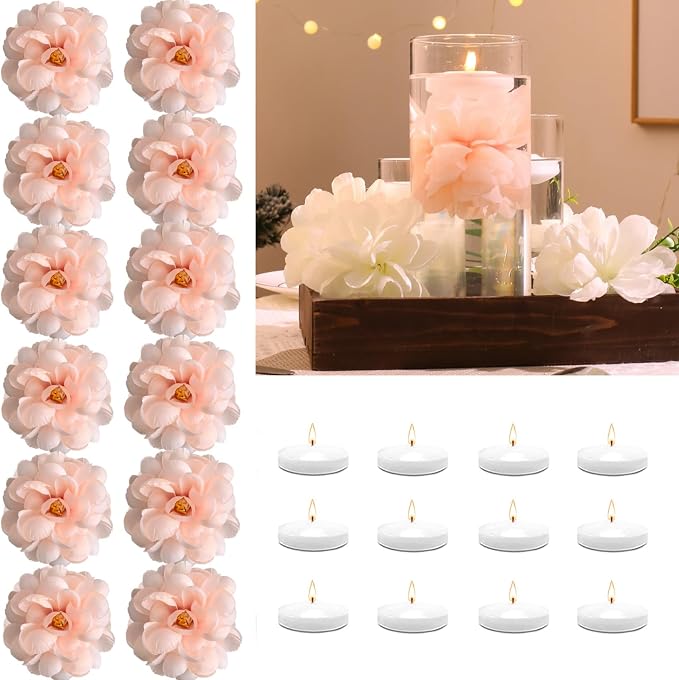 24 Pcs Floating Candles for Centerpieces and Floating Flowers Artificial Flowers Head Vase Filler for Party Home Table Wedding Centerpieces Decoration (Blush Pink)