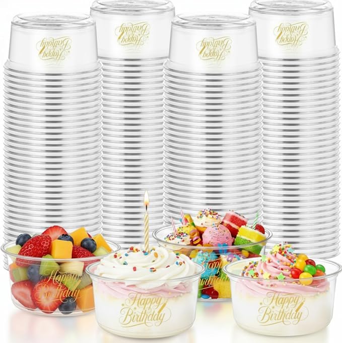 SiliFine 100 Pcs Birthday Plastic Bowls 12 oz Birthday Cups Disposable Clear Serving Bowls Dessert Cups for Ice Creams Desserts Parfaits Snacks Party Favors Supplies Decoration