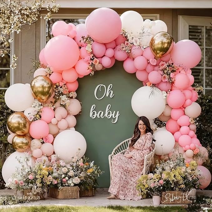 Pink White Gold Balloon Garland, Double Stuffed Pastel Light Pink Cream White Balloon Arch Kit for Baby Shower Birthday Bridal Wedding Mother's Day Party Decorations