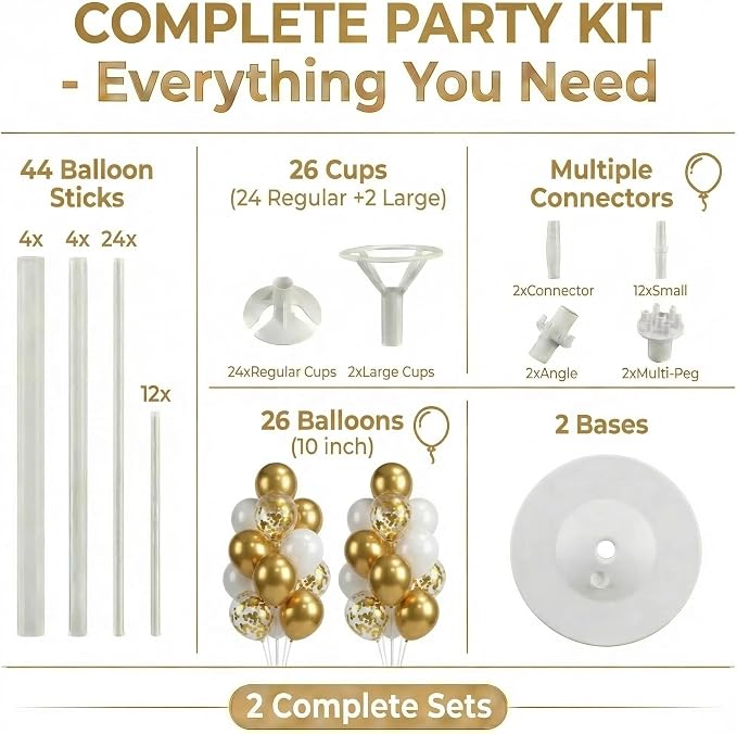 Balloon Column Kit Floor-Set of 2 with Gold Balloons-5FT Balloon Tower Stand Sticks with Water Base&Pole,Balloon Pillar Decoration for Anniversary Birthday Party,Baby Shower,Wedding,Bachelorette Party
