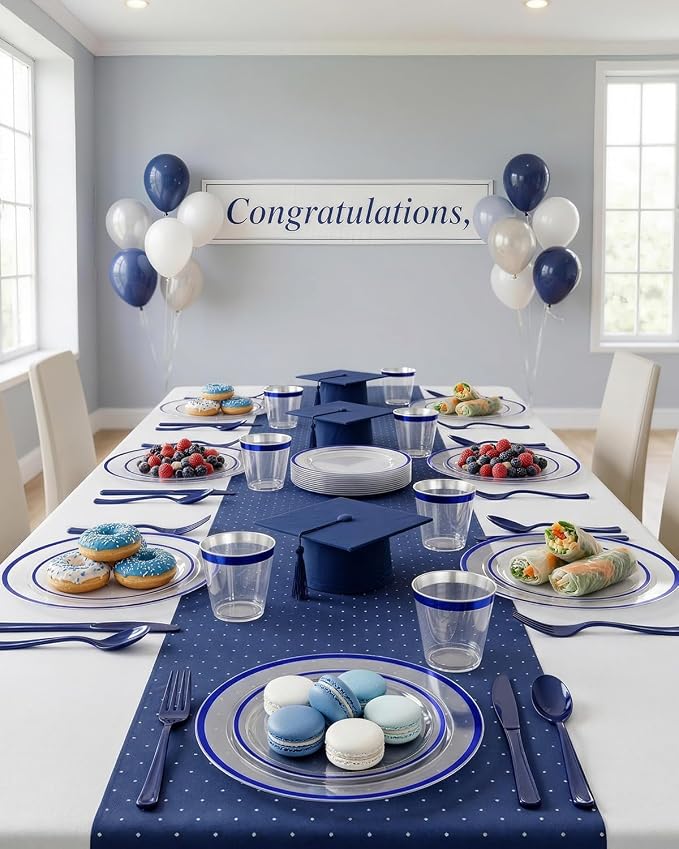 BESTVIP 350PCS Plastic Clear Blue Plates for Party, Disposable Dinnerware Set for 50 Guests, 100 Plastic Plates, 50 Cups, 50 Pre-Rolled Napkins with Cutlery for Graduation Party, Christmas, Birthday