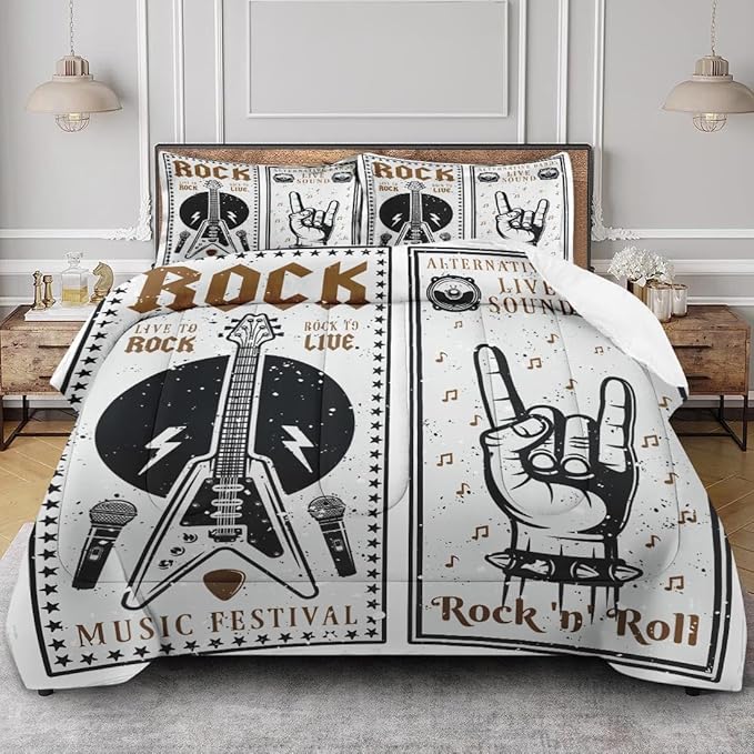 Pamnest Comforter Set King Size, Rock Roll Guitar Soft 3 Pcs Bedding for Kids and Adults, Retro Star Music Comforter Set with 2 Pillowcases, for Bedroom Bed Decor