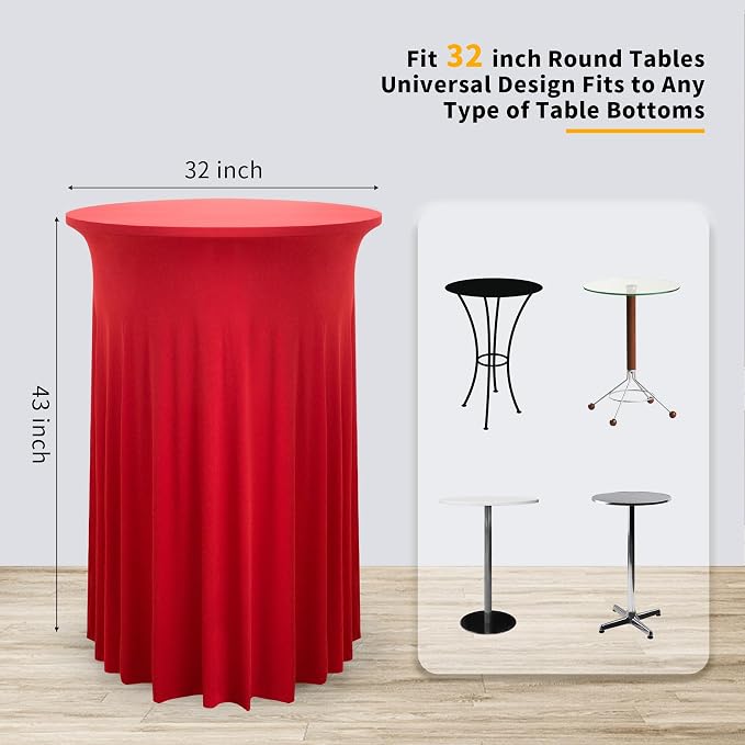 6 Pack Red Round High Top Table Cloth 3243 Inch, Wrinkle Free Stretch Spandex Highboy Tablecloths With Skirt for Cocktail Party Banquet Birthday Bar