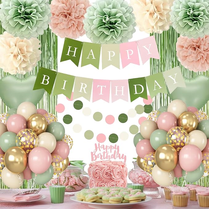 Pink and Green Birthday Decorations, Party Décor for Women, Happy Birthday Decorations with Birthday Banner Fringe Curtain