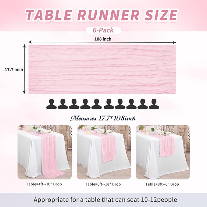 6 Pack Cheesecloth Table Runner,Light Pink Table Runner Long Romantic Semi Sheer Rustic Boho Gauze Table Runners for Wedding Bridal Shower Birthday Party Decorations(17.7×108 Inch)