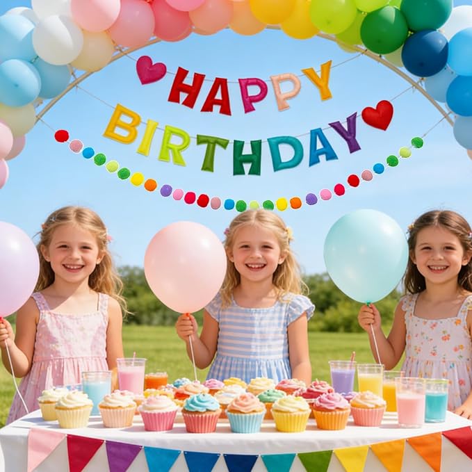 Colorful Pre-Strung 3D Happy Birthday Banner, 3 PCS Reusable Rainbow Party Decorations with Felt Ball Garland and Triangle Flags, Personalized Birthday Sign for Girl Boy Women Men