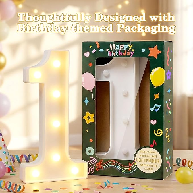 12.6 Inch LED Marquee Light Up Numbers with Happy Birthday Music, Remote Birthday Number Lights as Gifts for Girls Women Men, Lighted Marquee Numbers for Table Party Decorations, Number 0